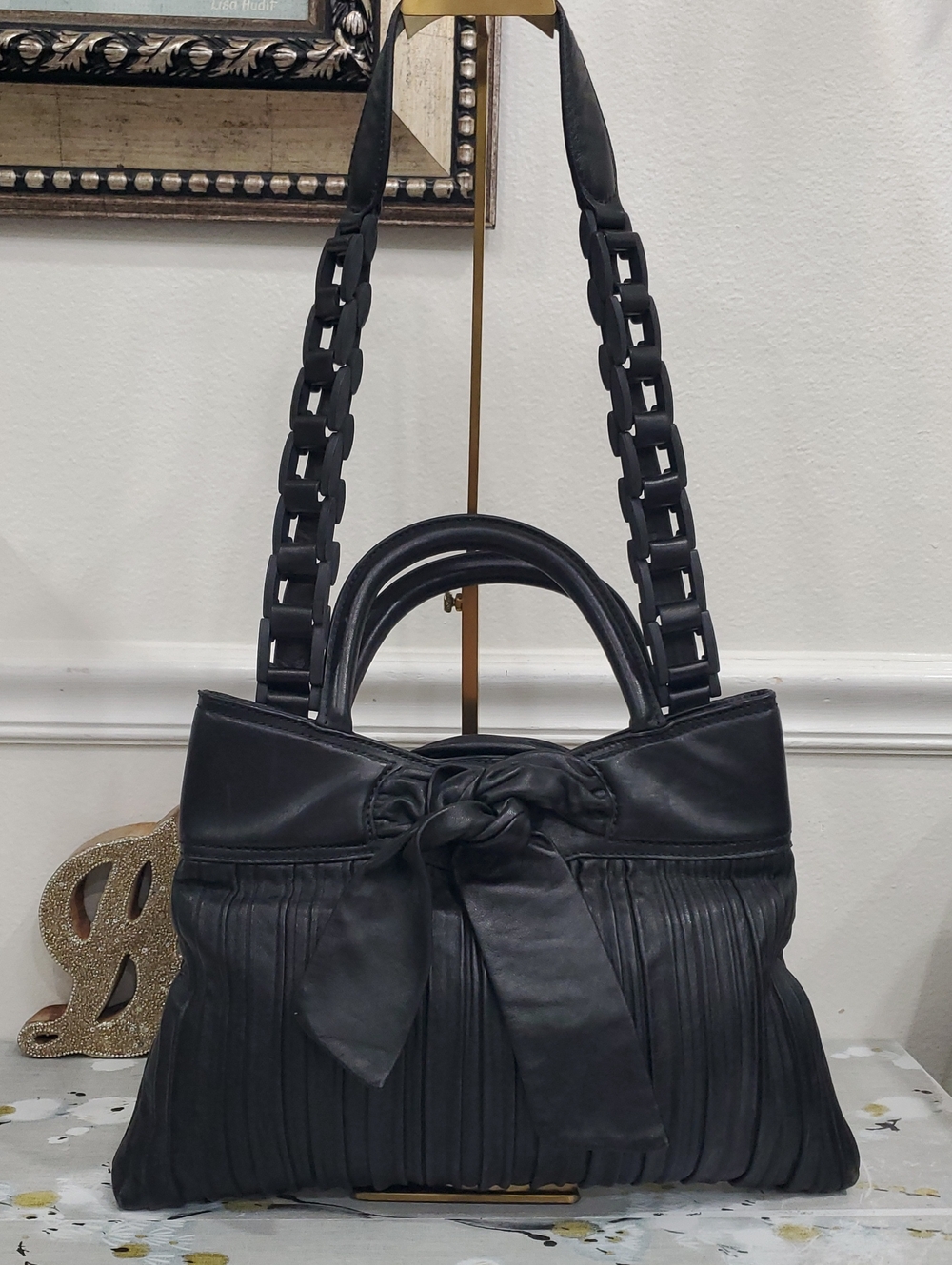 RARE Zac Posen Black Leather Bow Tote Shoulder Bag